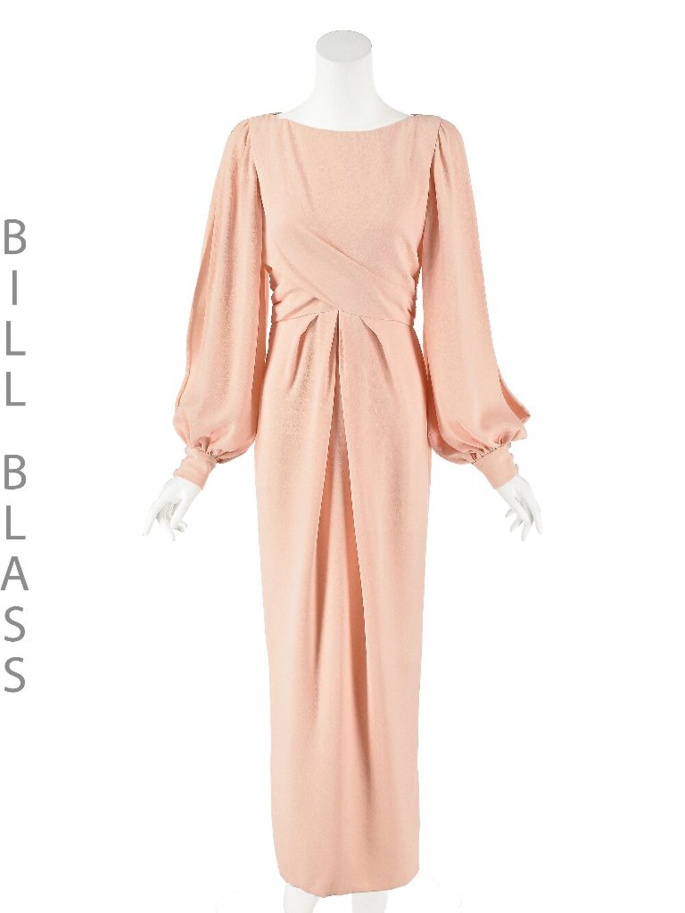 BILL BLASS c.1990 Peach Silk Crepe Evening Gown with Dramatic Slit Sleeves, SZ 8